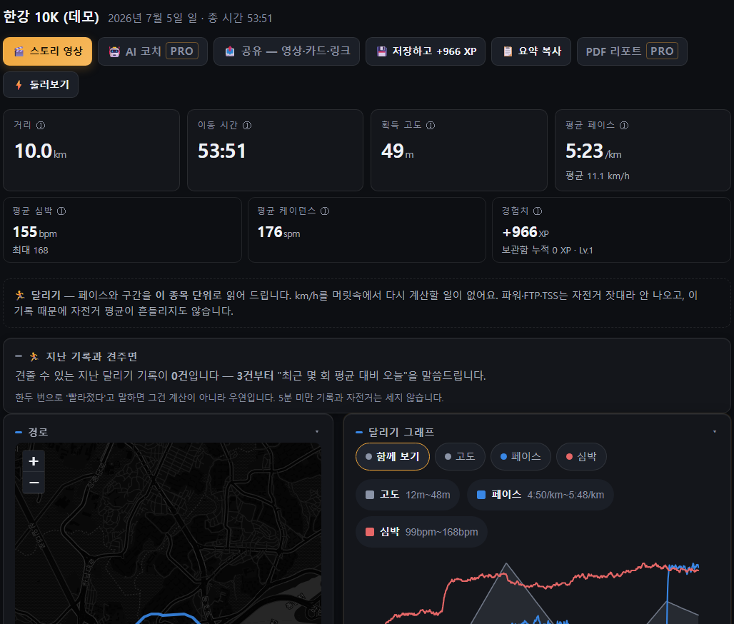 Naajim 달리기 리포트 화면 — 10km 53:51, 평균 페이스 5:23/km, 케이던스 176spm, 1km 구간 기록